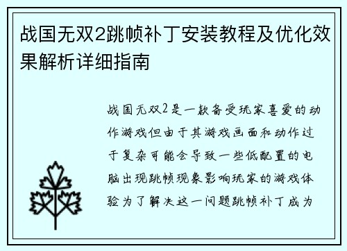 战国无双2跳帧补丁安装教程及优化效果解析详细指南