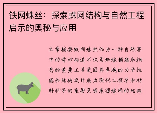 铁网蛛丝：探索蛛网结构与自然工程启示的奥秘与应用
